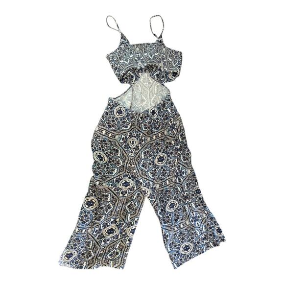 Ranna Gill Tie-Back Cut Out Jumpsuit L Boho Floral Wide Leg Smocked Resortwear - Picture 6 of 8